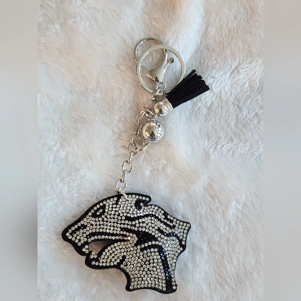 Elegant Black and Silver Panther Rhinestone Keychain Bag Charm